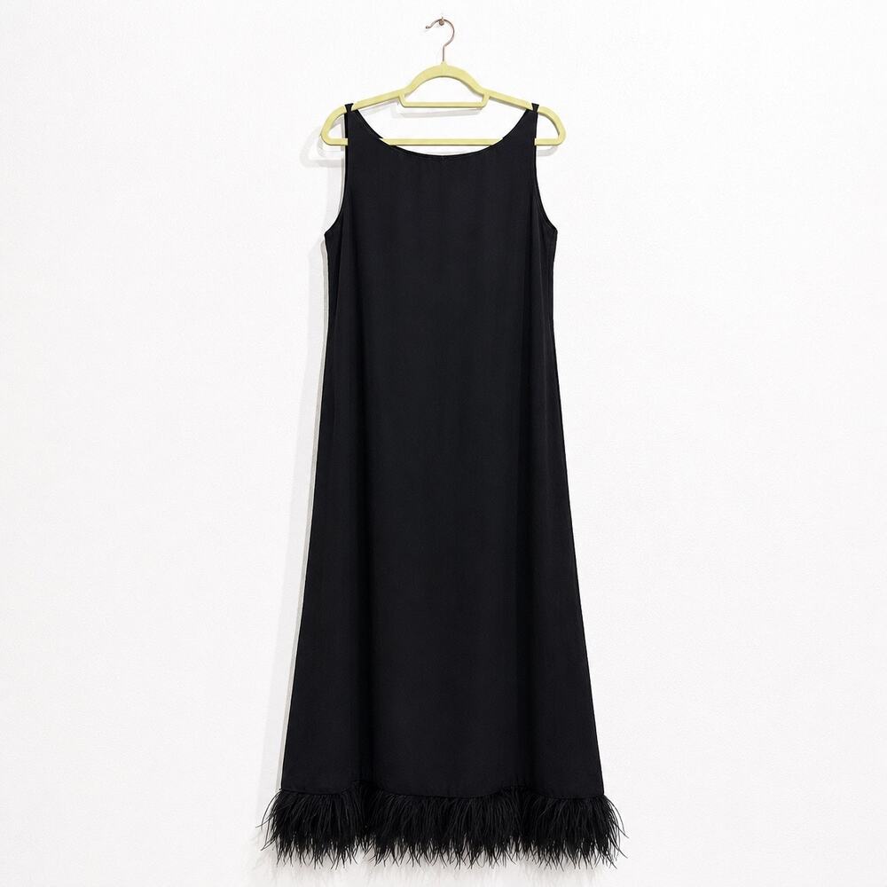 Watters & Watters Black Feather Hem Sleeveless Maxi Dress Sz 18